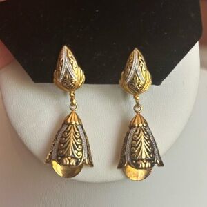 Gold-Tone Damascene Filigree Drop Earrings - Elegant Floral Design